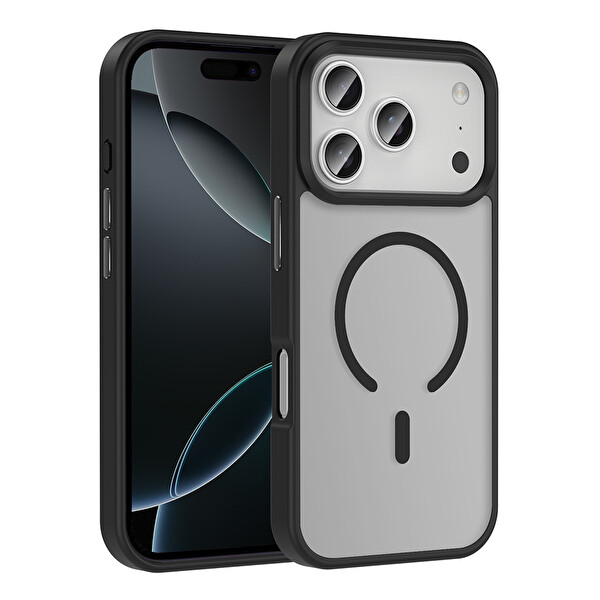 Başkenttekno iPhone 17 Pro Max Kılıf Kablosuz Şarj Özellikli Mat Arka Yüzey Sio Kapak Siyah