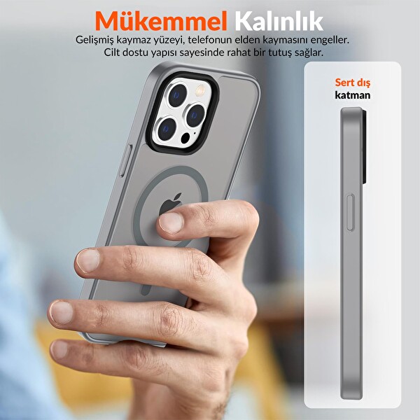 Bix iPhone 12 / 12 Pro MagSafe Uyumlu Kılıf Tam Koruma Manyetik Darbe Emici Gri