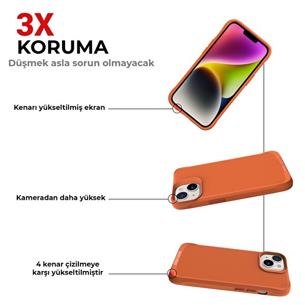 Bix iPhone 14 Vortex MagSafe Kılıf Stand Özellikli 3X Korumalı Mikro Fiber İç Yüzey Turuncu