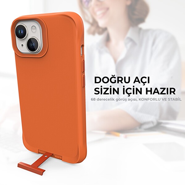 Bix iPhone 14 Vortex MagSafe Kılıf Stand Özellikli 3X Korumalı Mikro Fiber İç Yüzey Turuncu