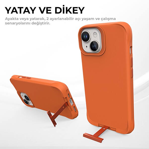 Bix iPhone 14 Vortex MagSafe Kılıf Stand Özellikli 3X Korumalı Mikro Fiber İç Yüzey Turuncu