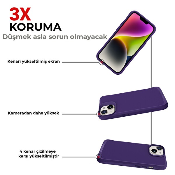 Bix iPhone 14 Vortex MagSafe Kılıf Stand Özellikli 3X Korumalı Mikro Fiber İç Yüzey Koyu Mor