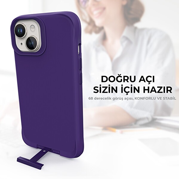 Bix iPhone 14 Vortex MagSafe Kılıf Stand Özellikli 3X Korumalı Mikro Fiber İç Yüzey Koyu Mor