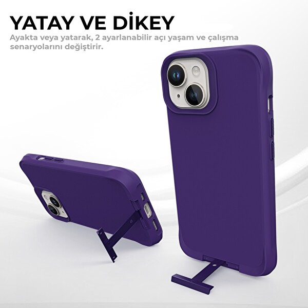 Bix iPhone 14 Vortex MagSafe Kılıf Stand Özellikli 3X Korumalı Mikro Fiber İç Yüzey Koyu Mor