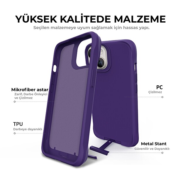 Bix iPhone 14 Vortex MagSafe Kılıf Stand Özellikli 3X Korumalı Mikro Fiber İç Yüzey Koyu Mor