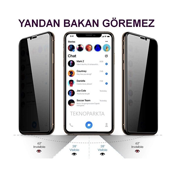 Teknoparkta iPhone 14 Pro Hayalet Privacy Gizli Görünmez Tam Kaplayan Kırılmaz Cam Ekran Koruyucu