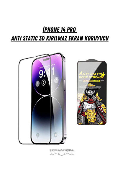 Uniqanatolia iPhone 14 Pro Kırılmaz Antı-Statıc 3D Toz Tutmayan Ekran Koruyucu