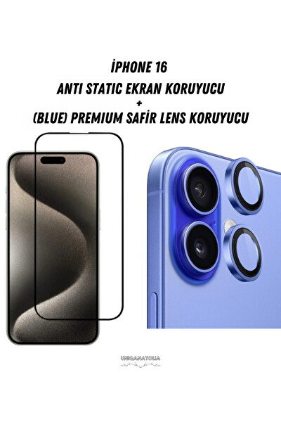Uniqanatolia iPhone 16 Uyumlu Antı-Statıc Ekran Koruyucu ve Safir Premium Lens Koruyucu