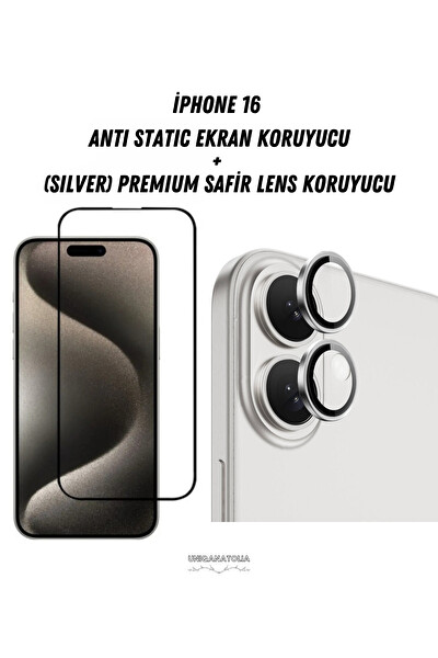 Uniqanatolia iPhone 16 Uyumlu Antı-Statıc Ekran Koruyucu ve Safir Premium Lens Koruyucu