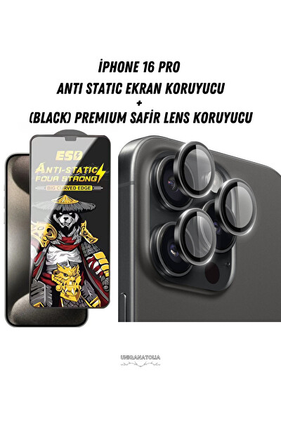 Uniqanatolia iPhone 16 Pro Uyumlu Antı-Statıc Ekran Koruyucu ve Safir Premium Lens Koruyucu