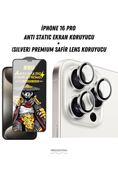 Uniqanatolia iPhone 16 Pro Antı-Statıc Ekran Koruyucu ve Safir Premium Lens Koruyucu