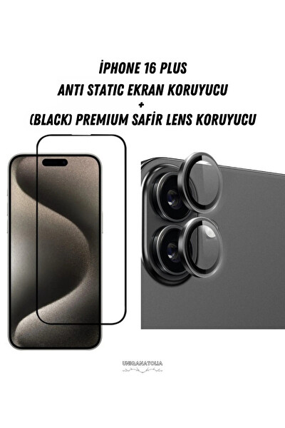 Uniqanatolia iPhone 16 Plus Uyumlu Antı-Statıc Ekran Koruyucu ve Safir Premium Lens Koruyucu