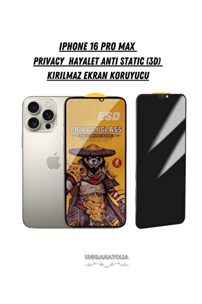 Uniqanatolia iPhone 16 Pro Max Antı-Statıc 3D Prıvacy Hayalet Toz Tutmayan Kırılmaz Ekran Koruyucu