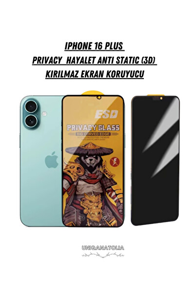 Uniqanatolia iPhone 16 Plus Antı-Statıc 3D Prıvacy Hayalet Toz Tutmayan Kırılmaz Ekran Koruyucu