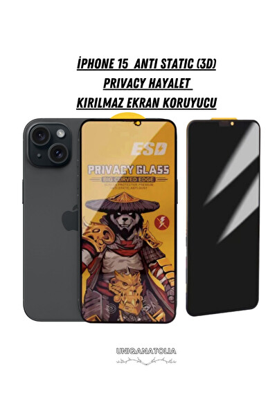 Uniqanatolia iPhone 15 Antı-Statıc 3D Prıvacy Hayalet Toz Tutmayan Kırılmaz Ekran Koruyucu