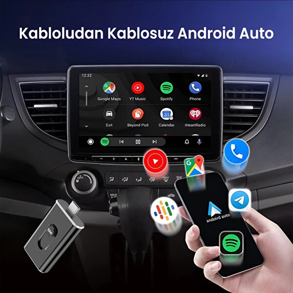 Bix CB02 Kablosuz CarPlay Ve Android Auto USB-A - USB-C Çift Uçlu Kabloludan Kablosuza Çevirici Adaptör Bluetooth Araç Kiti