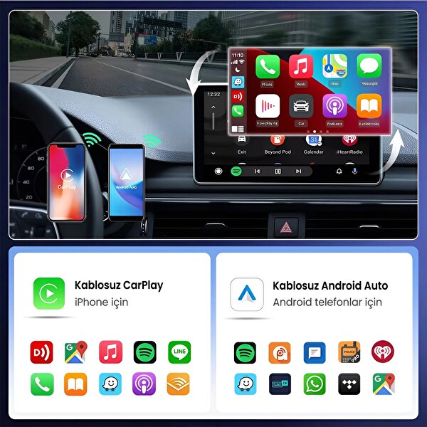 Bix CB02 Kablosuz CarPlay Ve Android Auto USB-A - USB-C Çift Uçlu Kabloludan Kablosuza Çevirici Adaptör Bluetooth Araç Kiti