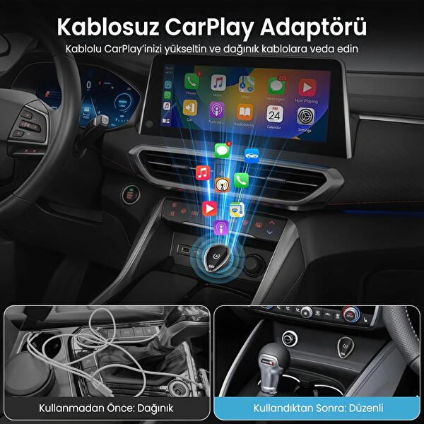 Bix CB01 Kablosuz CarPlay Ve Android Auto USB Kabloludan Kablosuza Çevirici Adaptörü Bluetooth Araç Kiti