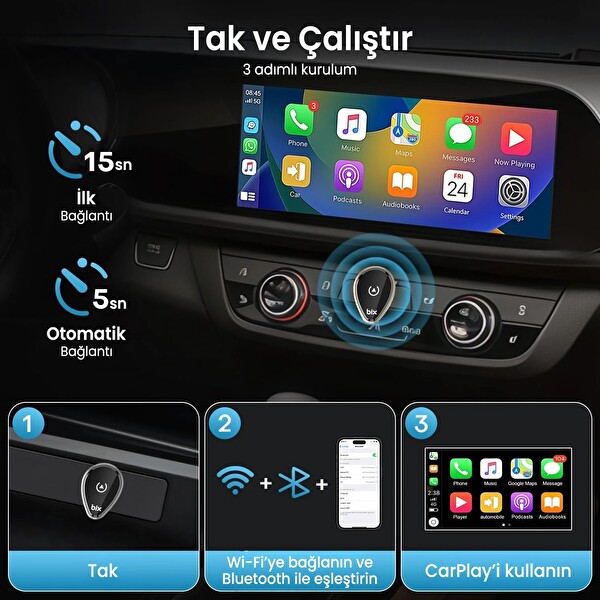 Bix CB01 Kablosuz CarPlay Ve Android Auto USB Kabloludan Kablosuza Çevirici Adaptörü Bluetooth Araç Kiti
