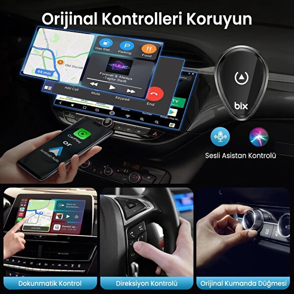 Bix CB01 Kablosuz CarPlay Ve Android Auto USB Kabloludan Kablosuza Çevirici Adaptörü Bluetooth Araç Kiti