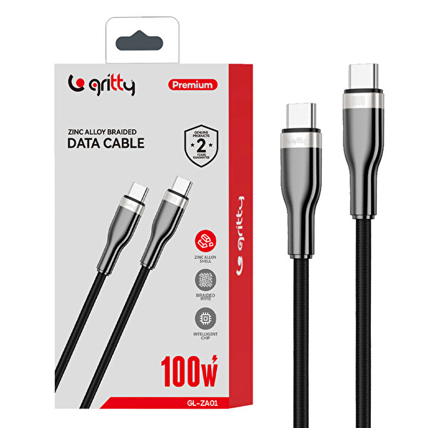 Gritty GL-ZA01 100 W Type-C - Type-C Çinko Alaşımlı Şarj Kablosu - Siyah