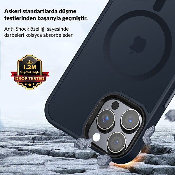Bix iPhone 16 Pro Uyumlu MagSafe Özellikli Tam Koruma Manyetik Darbe Emici Telefon Kılıfı Gece Mavisi