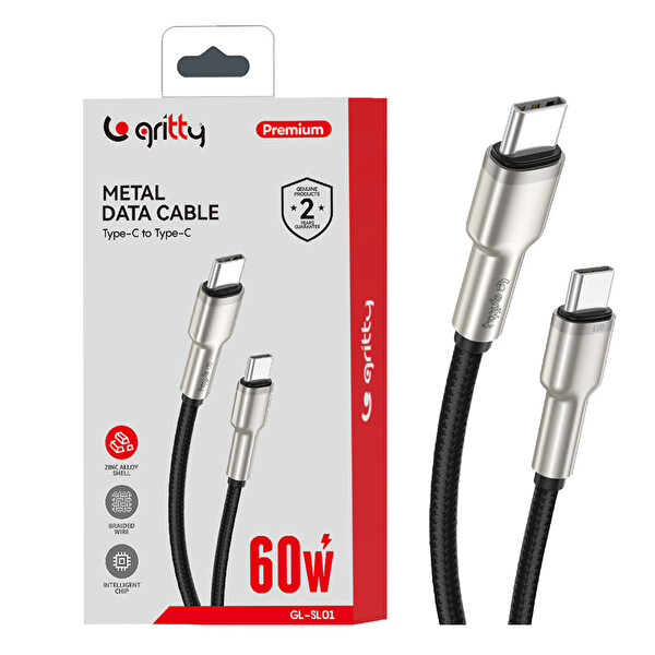 Gritty GL-SL01 60W Type-C Type-C Metal Uçlu Örme Şarj Kablosu Siyah