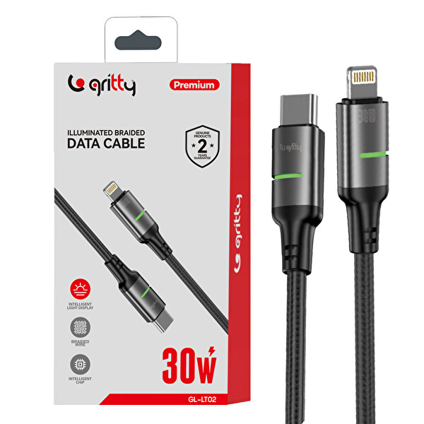 Gritty GL-LT02 30W Işıklı Type-C To Lighting Şarj Kablosu Siyah