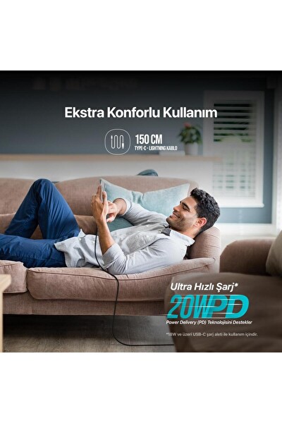 Ttec Type-C iPhone 11-12-13-14 Pro Max Uyumlu Örgü Halat Tipi Lightning Data Şarj Kablosu