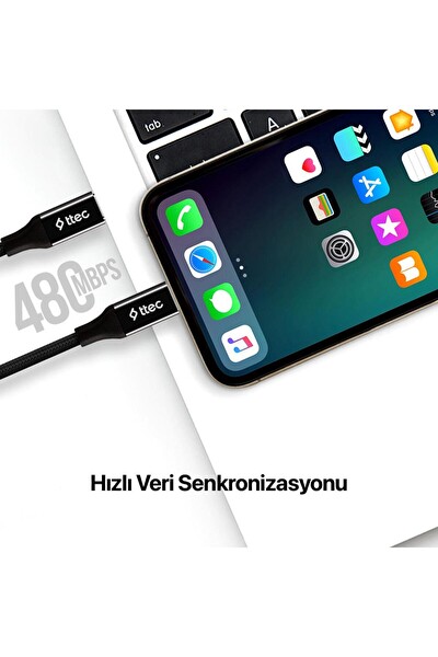 Ttec Type-C iPhone 11-12-13-14 Pro Max Uyumlu Örgü Halat Tipi Lightning Data Şarj Kablosu