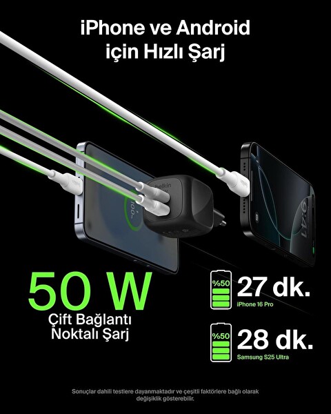 Belkin BoostCharge Pro 2 Port USB C GaN Şarj Cihazı 50W 2x USB C Siyah