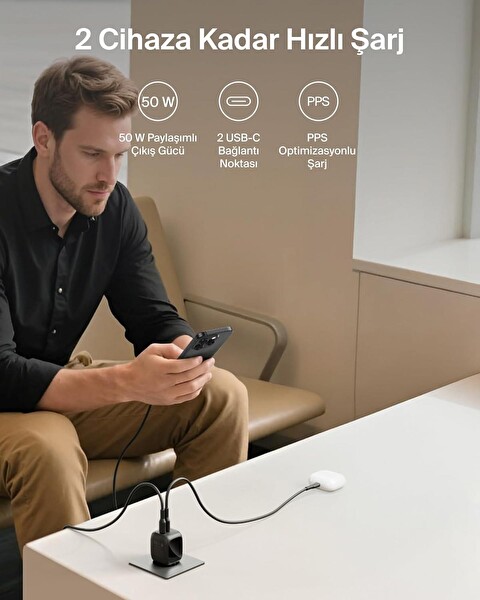 Belkin BoostCharge Pro 2 Port USB C GaN Şarj Cihazı 50W 2x USB C Siyah
