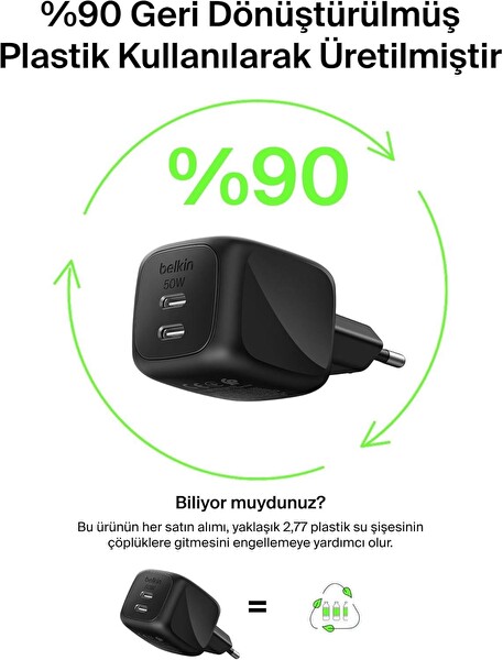 Belkin BoostCharge Pro 2 Port USB C GaN Şarj Cihazı 50W 2x USB C Siyah