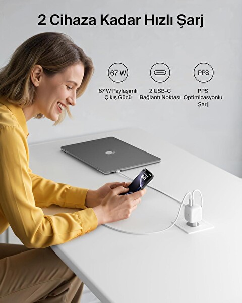 Belkin BoostCharge Pro 2 Port USB C GaN Şarj Cihazı 67W 2m USB C Kablo Dahil