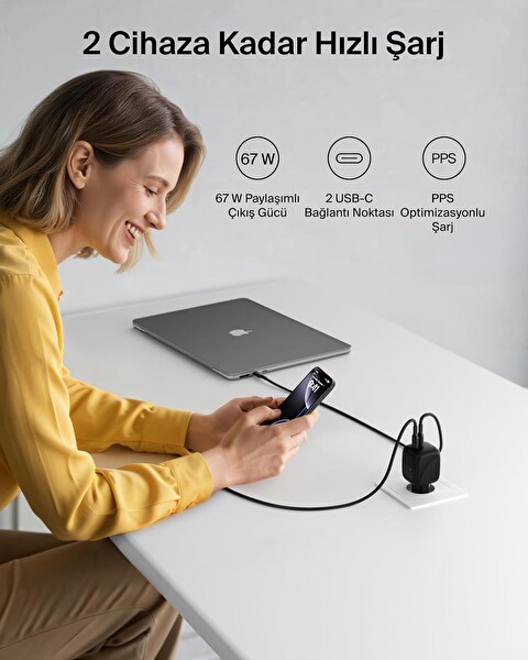 Belkin BoostCharge Pro 2 Port USB C GaN Şarj Cihazı 67W 2x USB C Siyah