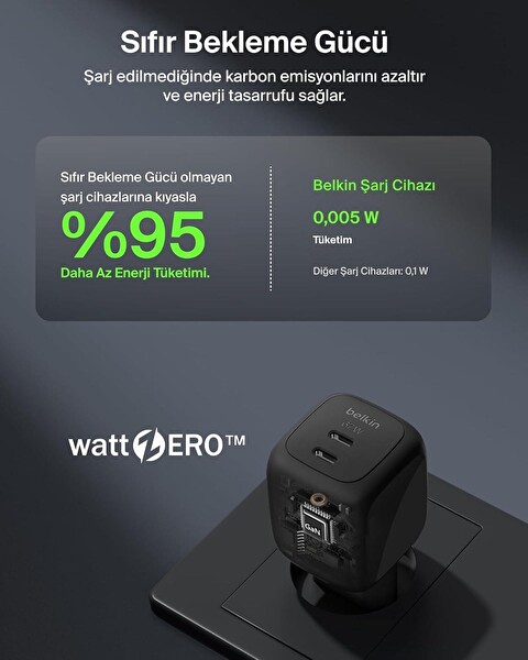 Belkin BoostCharge Pro 2 Port USB C GaN Şarj Cihazı 67W 2x USB C Siyah