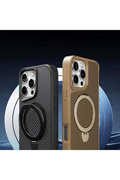 Coverzone iPhone 16 Pro Max ile Uyumlu Kılıf Karbon Fiber Görünümlü Magsafe ile Uyumlu Stand olabilen Carbon