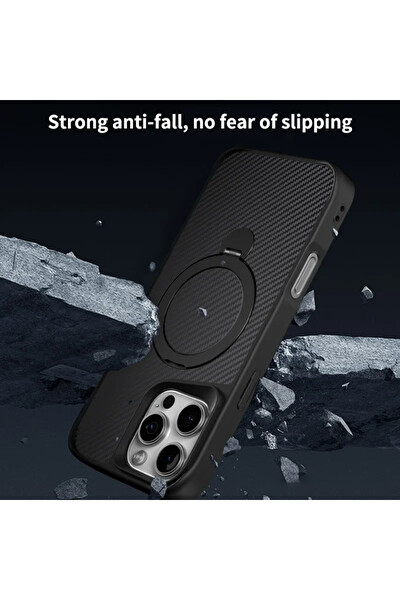 Coverzone iPhone 16 Pro Max ile Uyumlu Kılıf Karbon Fiber Görünümlü Magsafe ile Uyumlu Stand olabilen Carbon