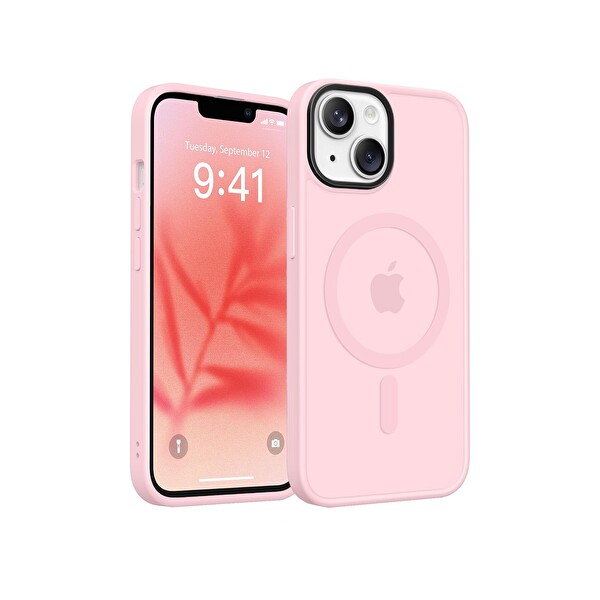Bix iPhone 14 Plus   15 Plus MagSafe Uyumlu Kılıf Tam Koruma Manyetik Darbe Emici Pembe