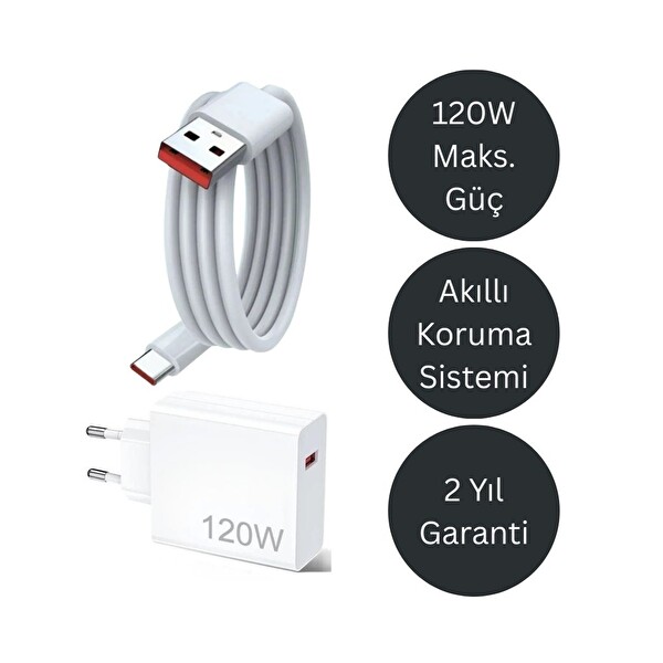 Yeco 120W Maksimum Çıkışlı Type-C Hızlı Şarj Adaptörü Kablolu Beyaz 2'li Set