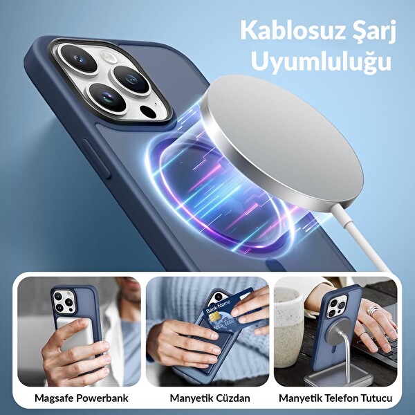 Bix iPhone 14 Pro MagSafe Uyumlu Kılıf Tam Koruma Manyetik Darbe Emici Gece Mavisi 5