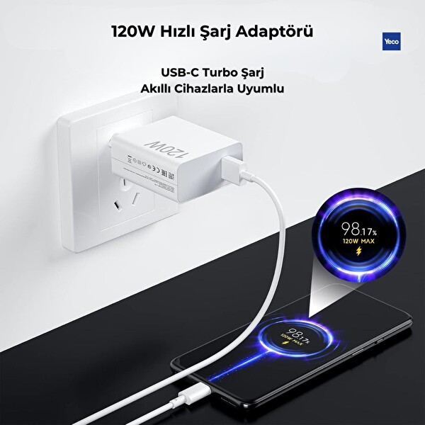 Yeco 120W Type-C Ultra Hızlı Şarj Adaptörü ve Kablo Seti Hızlı Şarj Destekli Beyaz