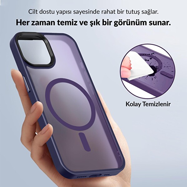 Bix iPhone 14 Pro MagSafe Uyumlu Kılıf Tam Koruma Manyetik Darbe Emici Mor 5