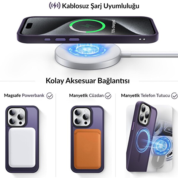Bix iPhone 14 Pro MagSafe Uyumlu Kılıf Tam Koruma Manyetik Darbe Emici Mor 6