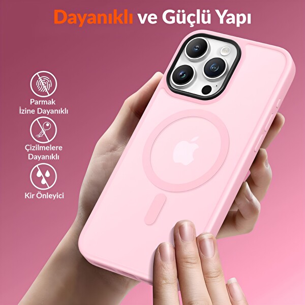 Bix iPhone 14 Pro Max MagSafe Uyumlu Kılıf Tam Koruma Manyetik Darbe Emici Pembe