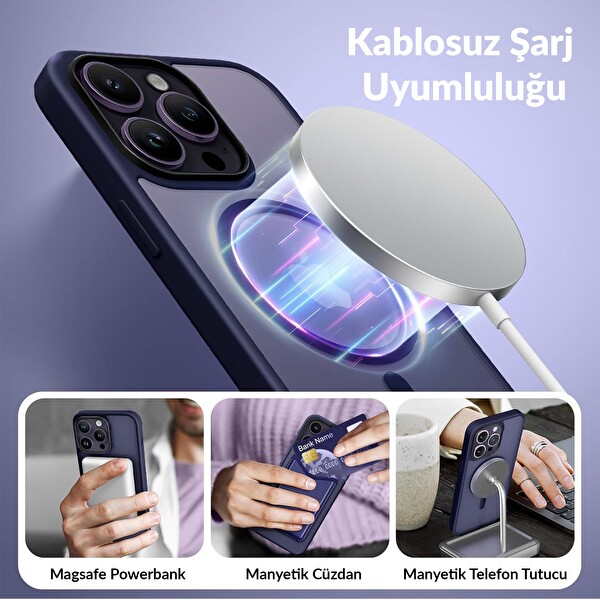 Bix iPhone 14 Pro Max MagSafe Uyumlu Kılıf Tam Koruma Manyetik Darbe Emici Mor 4