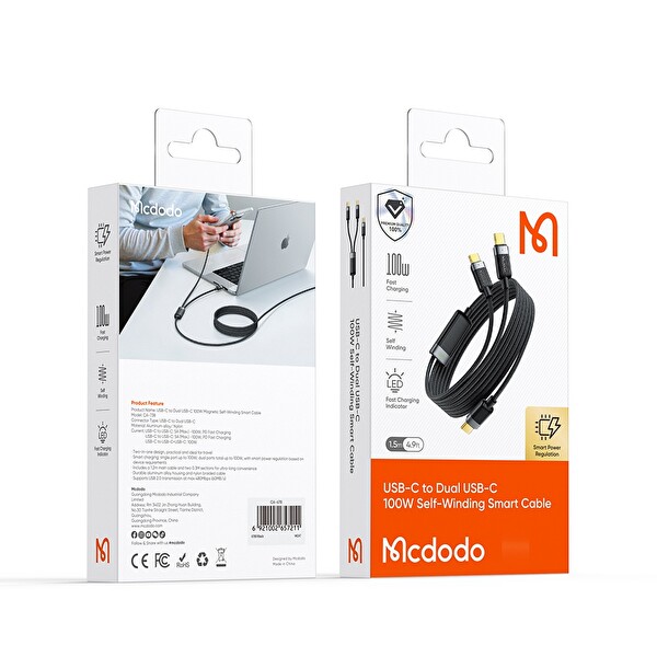 Mcdodo CA-7380 100W Typec Çift USB-C Manyetik Sarılabilir Şarj Kablosu 1.5 M