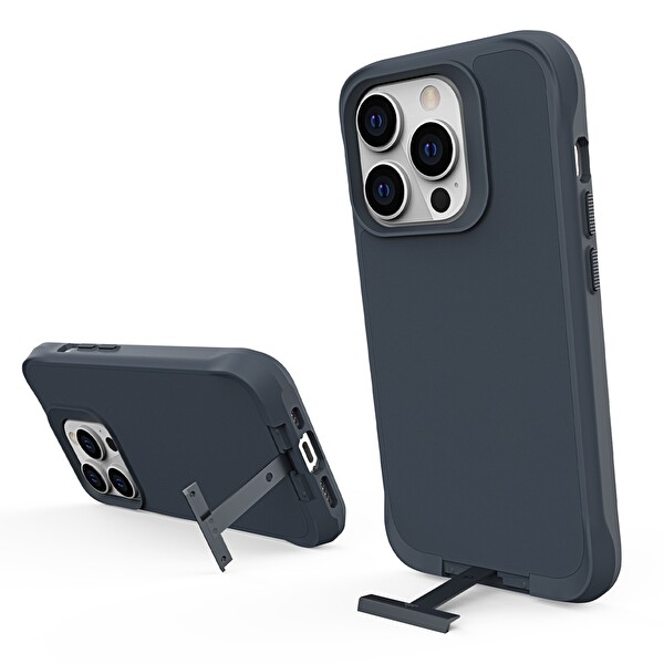 Bix iPhone 14 Pro Vortex MagSafe Kılıf Stand Özellikli 3X Korumalı Mikro Fiber İç Yüzey Gri Mavi