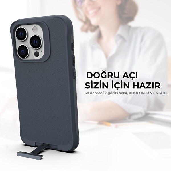 Bix iPhone 14 Pro Vortex MagSafe Kılıf Stand Özellikli 3X Korumalı Mikro Fiber İç Yüzey Gri Mavi