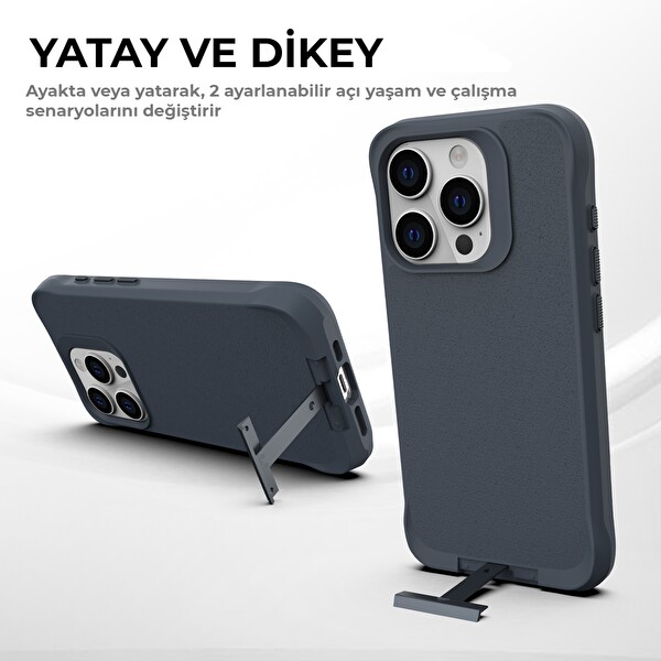 Bix iPhone 14 Pro Vortex MagSafe Kılıf Stand Özellikli 3X Korumalı Mikro Fiber İç Yüzey Gri Mavi